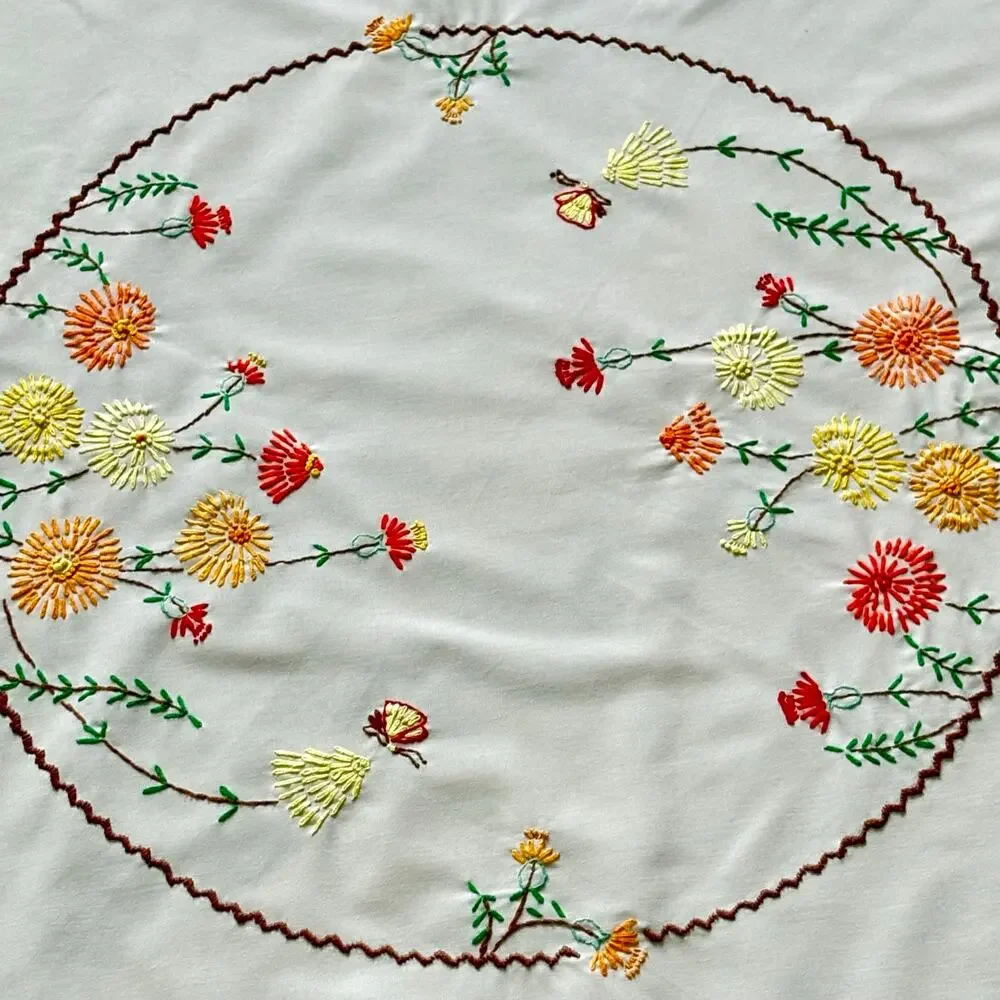 Vintage Embroidered Round Tablecloth, Beige Floral Cotton Blend 58”